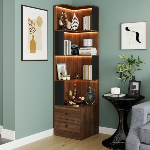 English Elm Corner Bookcase L Shaped 4 Tier Freestanding Shelf with LED Lights and Pull Out Drawers W331P497833