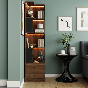 English Elm Corner Bookcase L Shaped 4 Tier Freestanding Shelf with LED Lights and Pull Out Drawers W331P497833