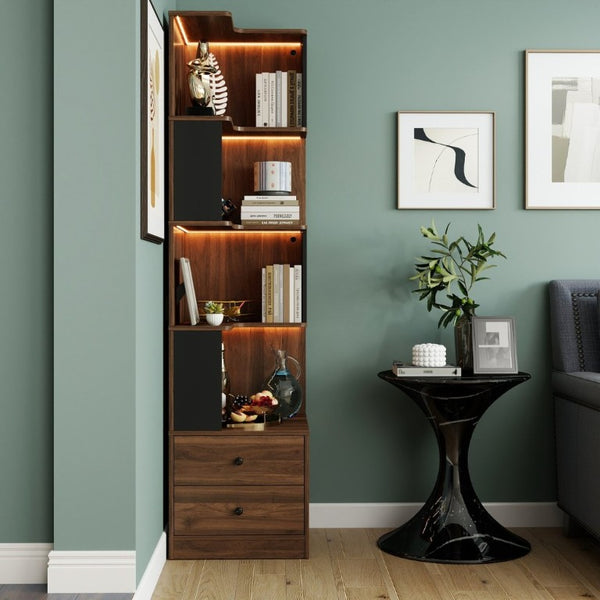 English Elm Corner Bookcase L Shaped 4 Tier Freestanding Shelf with LED Lights and Pull Out Drawers W331P497833