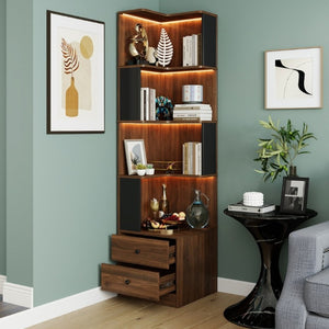 English Elm Corner Bookcase L Shaped 4 Tier Freestanding Shelf with LED Lights and Pull Out Drawers W331P497833