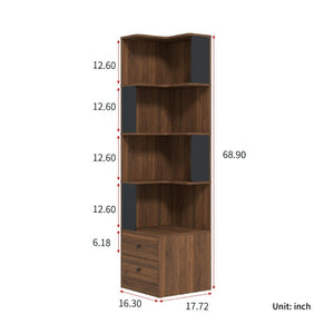 English Elm Corner Bookcase L Shaped 4 Tier Freestanding Shelf with LED Lights and Pull Out Drawers W331P497833