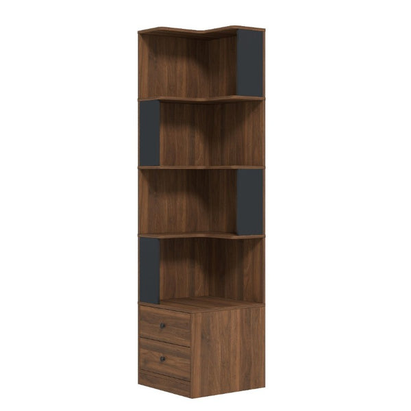 English Elm Corner Bookcase L Shaped 4 Tier Freestanding Shelf with LED Lights and Pull Out Drawers W331P497833