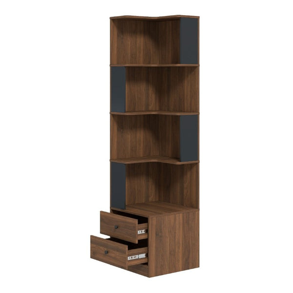 English Elm Corner Bookcase L Shaped 4 Tier Freestanding Shelf with LED Lights and Pull Out Drawers W331P497833