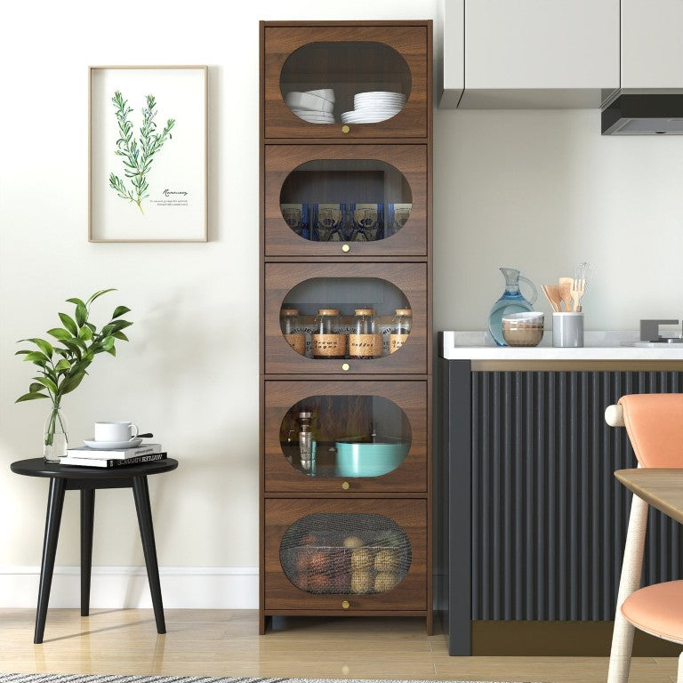 English Elm 5-Tier Freestanding Bookcase with Oval Flip Glass Doors Slim Retro Display Shelf W331P498876