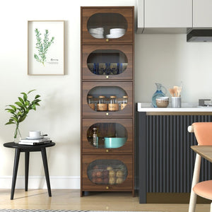 English Elm 5-Tier Freestanding Bookcase with Oval Flip Glass Doors Slim Retro Display Shelf W331P498876