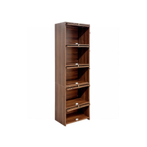 English Elm 5-Tier Freestanding Bookcase with Oval Flip Glass Doors Slim Retro Display Shelf W331P498876