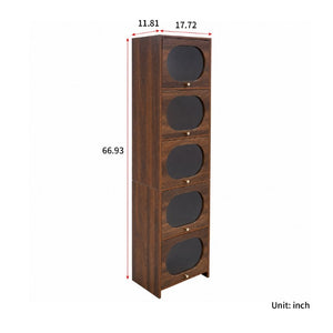 English Elm 5-Tier Freestanding Bookcase with Oval Flip Glass Doors Slim Retro Display Shelf W331P498876