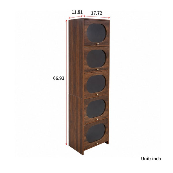 English Elm 5-Tier Freestanding Bookcase with Oval Flip Glass Doors Slim Retro Display Shelf W331P498876
