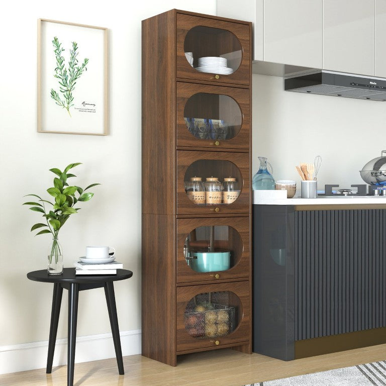 English Elm 5-Tier Freestanding Bookcase with Oval Flip Glass Doors Slim Retro Display Shelf W331P498876