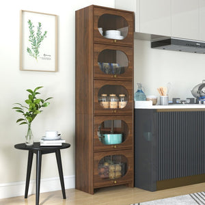 English Elm 5-Tier Freestanding Bookcase with Oval Flip Glass Doors Slim Retro Display Shelf W331P498876