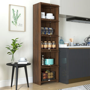 English Elm 5-Tier Freestanding Bookcase with Oval Flip Glass Doors Slim Retro Display Shelf W331P498876