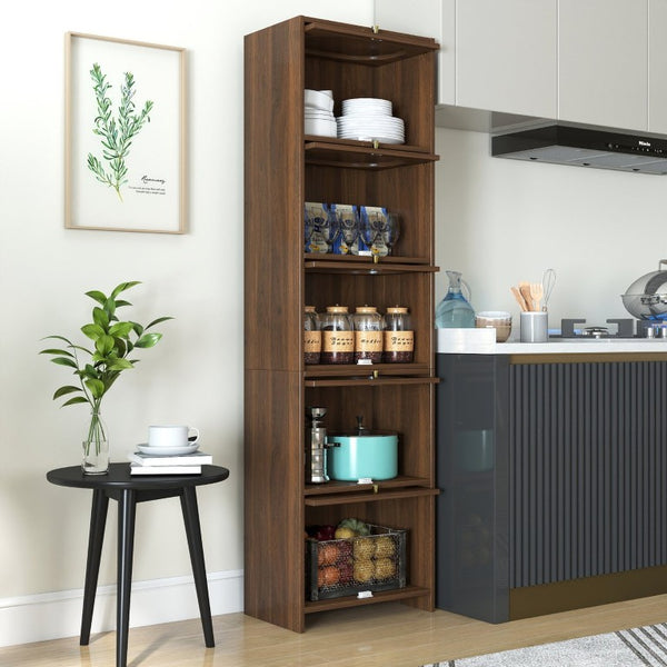 English Elm 5-Tier Freestanding Bookcase with Oval Flip Glass Doors Slim Retro Display Shelf W331P498876