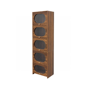 English Elm 5-Tier Freestanding Bookcase with Oval Flip Glass Doors Slim Retro Display Shelf W331P498876