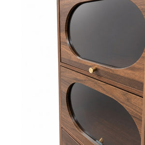 English Elm 5-Tier Freestanding Bookcase with Oval Flip Glass Doors Slim Retro Display Shelf W331P498876