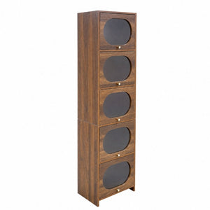 English Elm 5-Tier Freestanding Bookcase with Oval Flip Glass Doors Slim Retro Display Shelf W331P498876