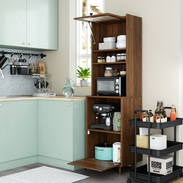 English Elm Tall Freestanding Kitchen Pantry with Glass Door Open Shelves and Microwave Storage W331P500687