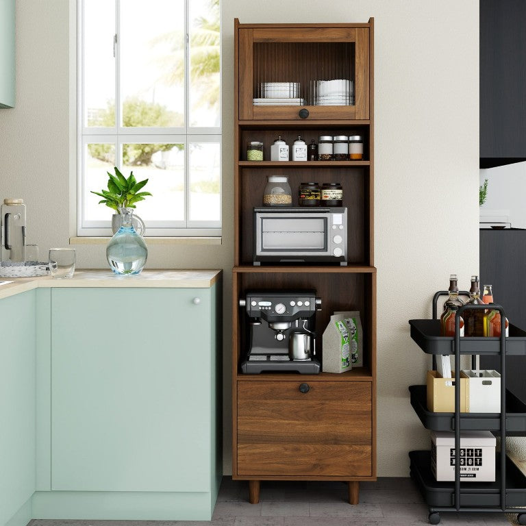 English Elm Tall Freestanding Kitchen Pantry with Glass Door Open Shelves and Microwave Storage W331P500687