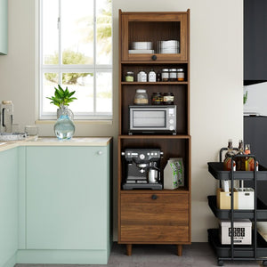 English Elm Tall Freestanding Kitchen Pantry with Glass Door Open Shelves and Microwave Storage W331P500687