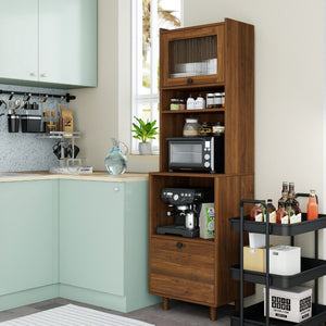 English Elm Tall Freestanding Kitchen Pantry with Glass Door Open Shelves and Microwave Storage W331P500687