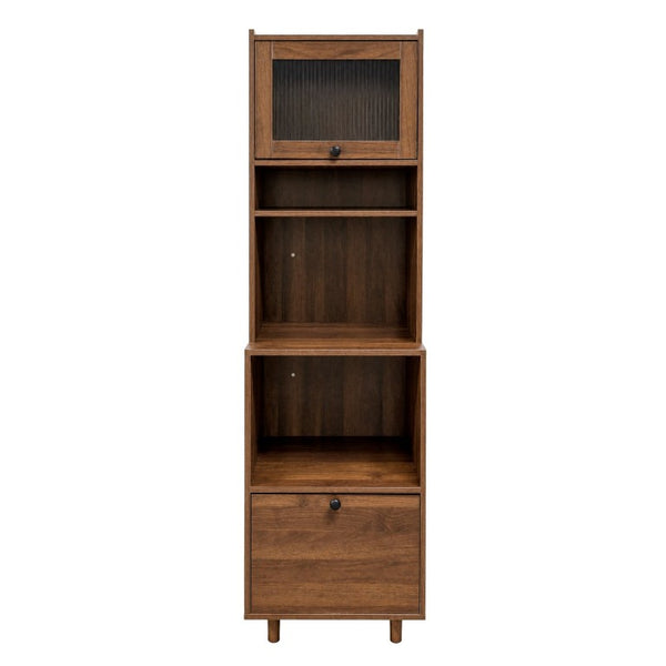 English Elm Tall Freestanding Kitchen Pantry with Glass Door Open Shelves and Microwave Storage W331P500687