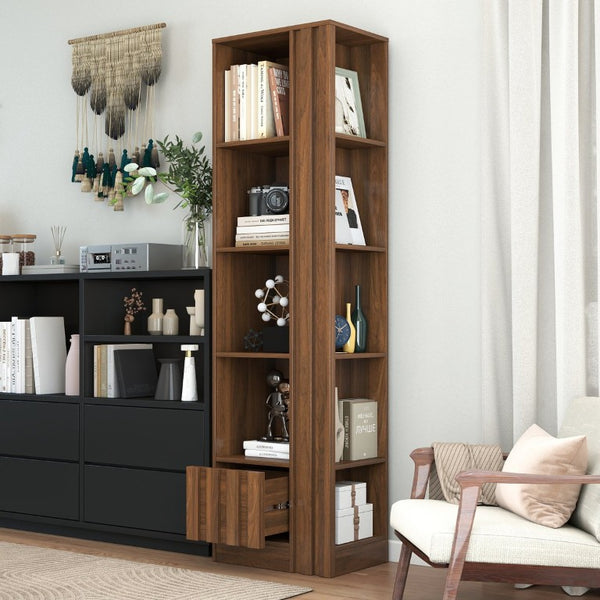 English Elm 5-Tier Slim Bookcase with Secret Drawer Melamine Shelving Unit for Office or Living Room W331P500688