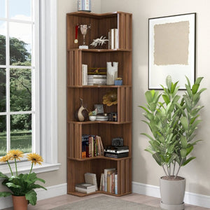 English Elm Corner Five Tier Bookcase with Fluted Baffle Detail Freestanding L Shaped Living Room Shelf W331P508626