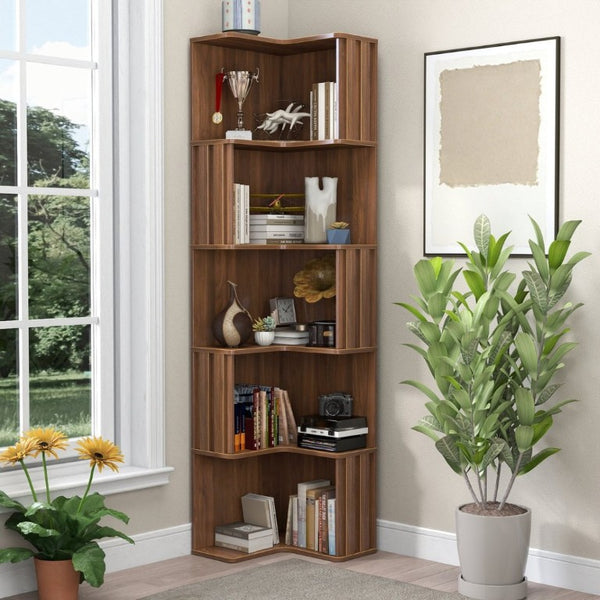 English Elm Corner Five Tier Bookcase with Fluted Baffle Detail Freestanding L Shaped Living Room Shelf W331P508626