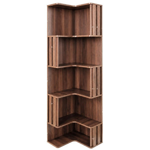 English Elm Corner Five Tier Bookcase with Fluted Baffle Detail Freestanding L Shaped Living Room Shelf W331P508626