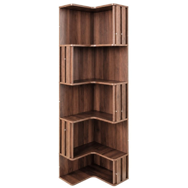 English Elm Corner Five Tier Bookcase with Fluted Baffle Detail Freestanding L Shaped Living Room Shelf W331P508626