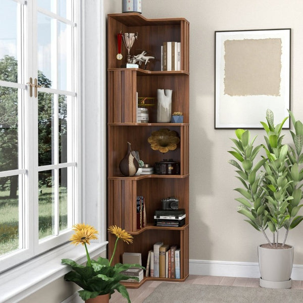 English Elm Corner Five Tier Bookcase with Fluted Baffle Detail Freestanding L Shaped Living Room Shelf W331P508626