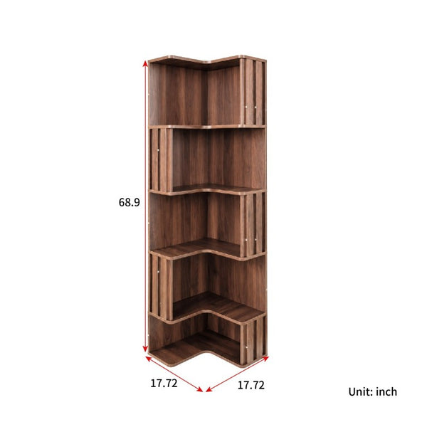 English Elm Corner Five Tier Bookcase with Fluted Baffle Detail Freestanding L Shaped Living Room Shelf W331P508626