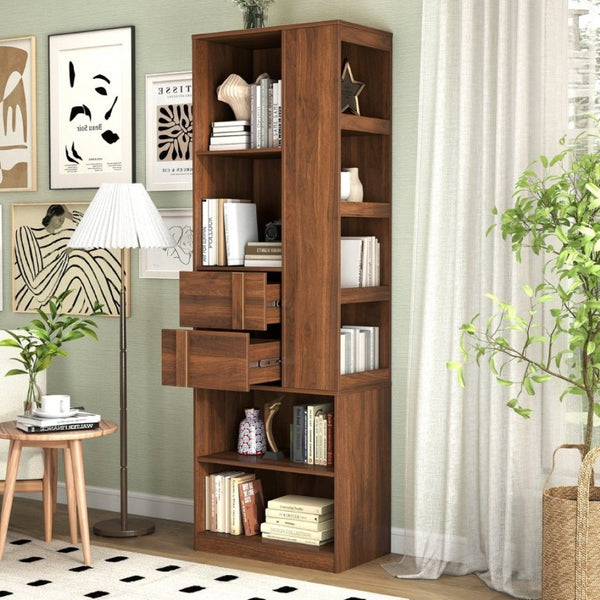 English Elm Tall Asymmetrical Storage Cabinet Fluted Drawers Open Shelves Bedroom Bathroom Organizer W331P508637