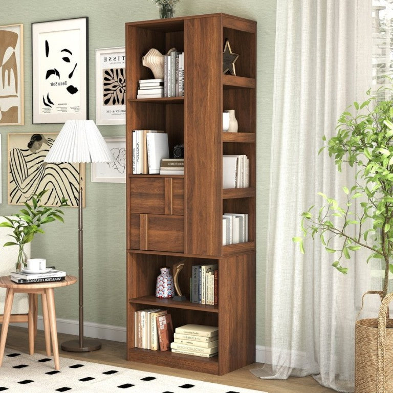 English Elm Tall Asymmetrical Storage Cabinet Fluted Drawers Open Shelves Bedroom Bathroom Organizer W331P508637