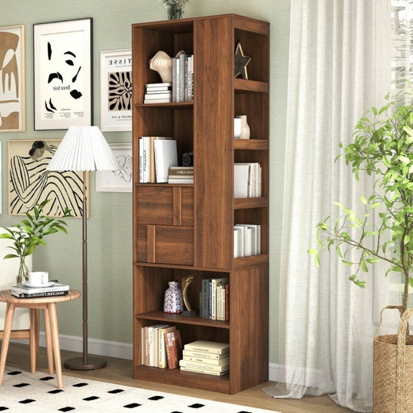 English Elm Tall Asymmetrical Storage Cabinet Fluted Drawers Open Shelves Bedroom Bathroom Organizer W331P508637