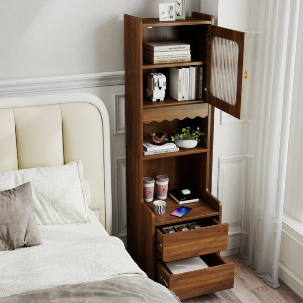 English Elm Tall Mid-Century Walnut Nightstand with Glass Cabinet Open Shelving and Two Drawers W331P515010