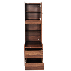 English Elm Tall Mid-Century Walnut Nightstand with Glass Cabinet Open Shelving and Two Drawers W331P515010