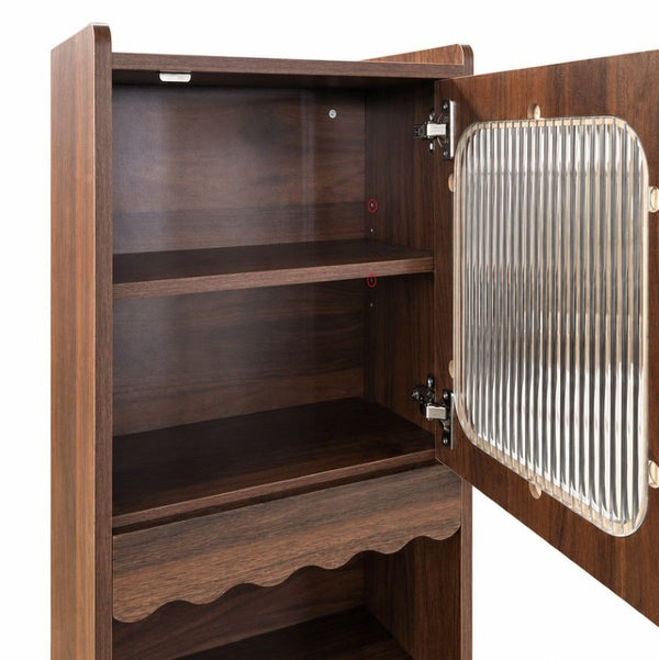 English Elm Tall Mid-Century Walnut Nightstand with Glass Cabinet Open Shelving and Two Drawers W331P515010