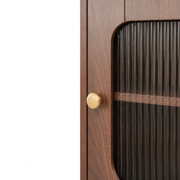 English Elm Tall Mid-Century Walnut Nightstand with Glass Cabinet Open Shelving and Two Drawers W331P515010