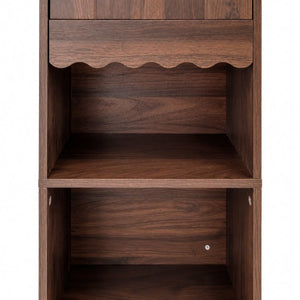 English Elm Tall Mid-Century Walnut Nightstand with Glass Cabinet Open Shelving and Two Drawers W331P515010