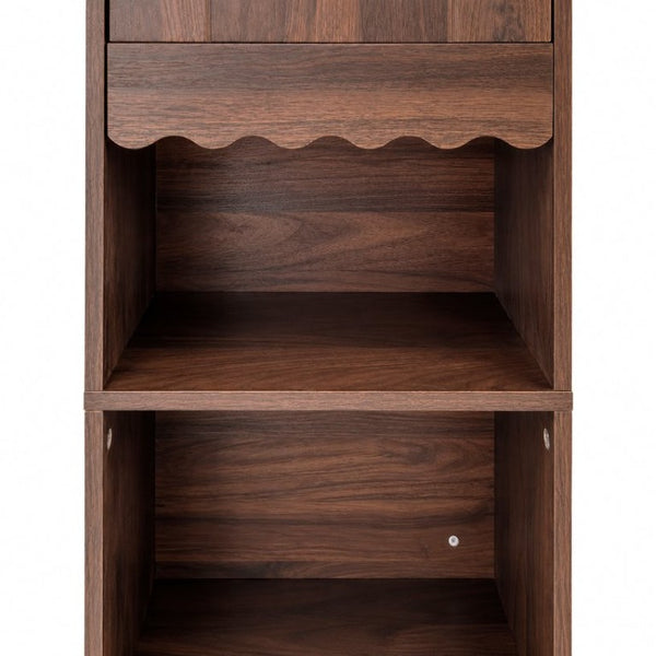 English Elm Tall Mid-Century Walnut Nightstand with Glass Cabinet Open Shelving and Two Drawers W331P515010