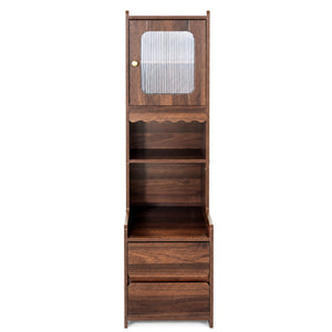 English Elm Tall Mid-Century Walnut Nightstand with Glass Cabinet Open Shelving and Two Drawers W331P515010