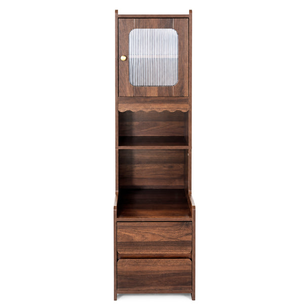 English Elm Tall Mid-Century Walnut Nightstand with Glass Cabinet Open Shelving and Two Drawers W331P515010