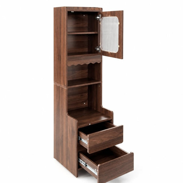 English Elm Tall Mid-Century Walnut Nightstand with Glass Cabinet Open Shelving and Two Drawers W331P515010