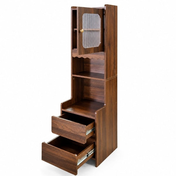 English Elm Tall Mid-Century Walnut Nightstand with Glass Cabinet Open Shelving and Two Drawers W331P515010