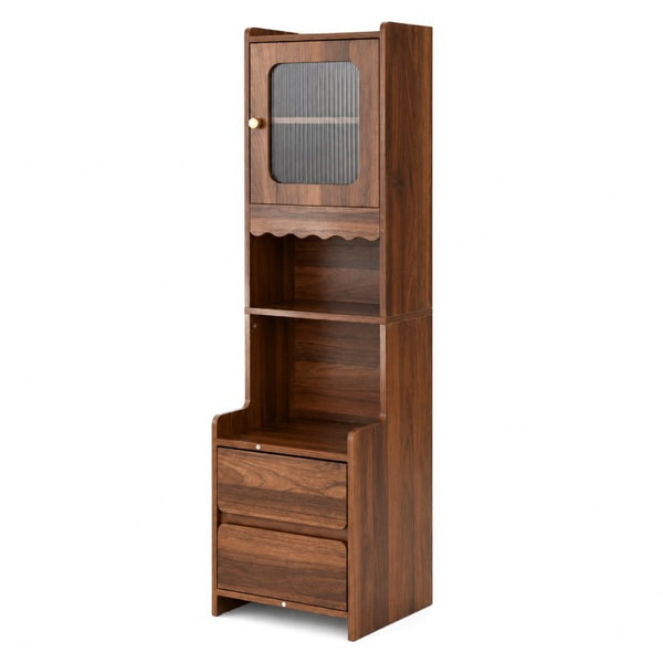 English Elm Tall Mid-Century Walnut Nightstand with Glass Cabinet Open Shelving and Two Drawers W331P515010