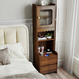 English Elm Tall Mid-Century Walnut Nightstand with Glass Cabinet Open Shelving and Two Drawers W331P515010