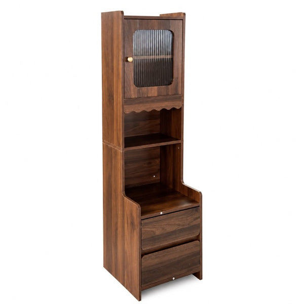 English Elm Tall Mid-Century Walnut Nightstand with Glass Cabinet Open Shelving and Two Drawers W331P515010