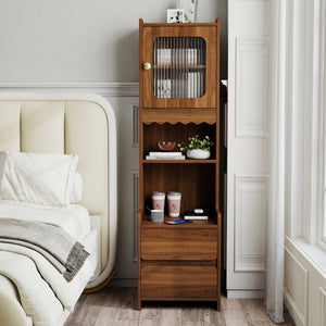 English Elm Tall Mid-Century Walnut Nightstand with Glass Cabinet Open Shelving and Two Drawers W331P515010