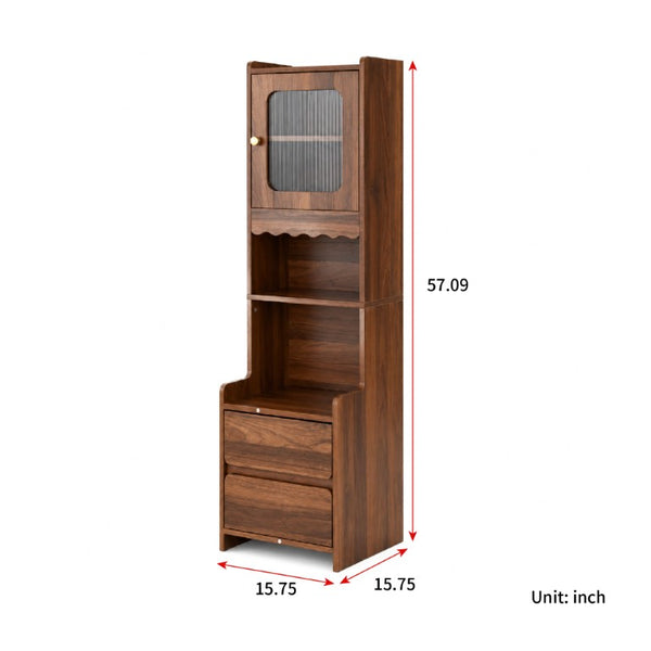 English Elm Tall Mid-Century Walnut Nightstand with Glass Cabinet Open Shelving and Two Drawers W331P515010