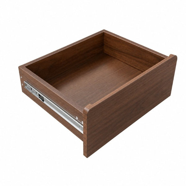 English Elm Tall Mid-Century Walnut Nightstand with Glass Cabinet Open Shelving and Two Drawers W331P515010